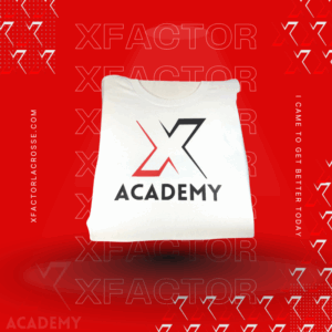 White XFactor Lacrosse t-shirt with X Academy logo